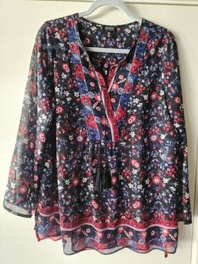 Jones New York Boho Black Red Blue Floral Ladies Size MED EUC $24